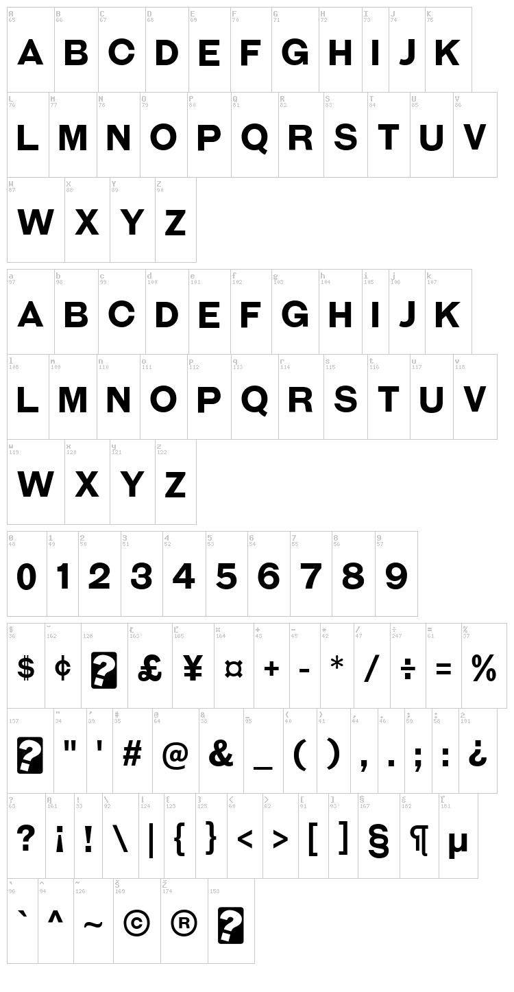 Galderglynn Esquire font map